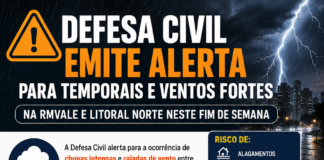 Defesa Civil emite alerta para temporais e ventos fortes em toda a RMVale e Litoral Norte neste fim de semana