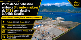 Porto de São Sebastião embarca três transformadores de 342 toneladas rumo à Arábia Saudita em operação de carga projeto